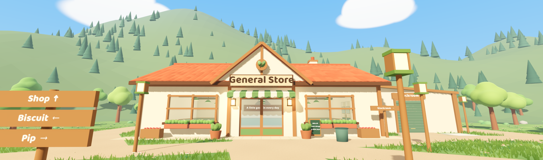 A low-poly general store with an orange roof and green awning, surrounded by wooden signs and pine-covered hills.