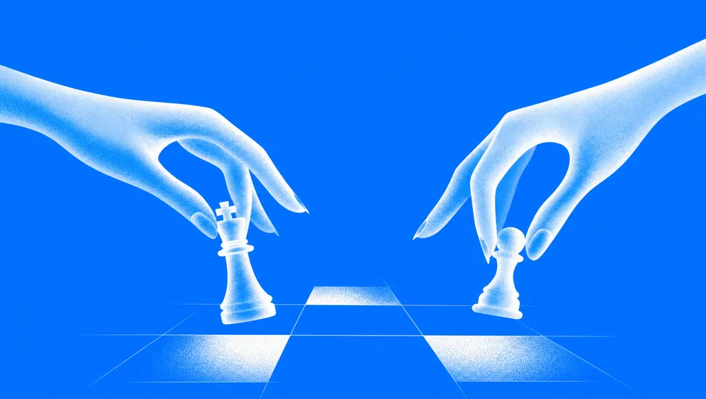 Two luminous hands moving white chess pieces over a chessboard against a vivid blue background.