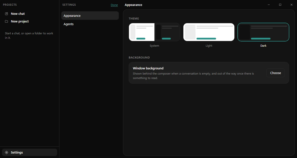 Kitty's appearance settings, with a project sidebar, theme selection and background preferences.