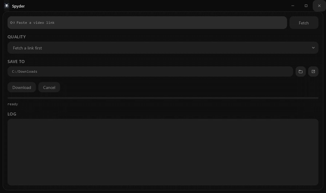 Spyder's download interface with a video link field, quality selection, destination folder and progress log.